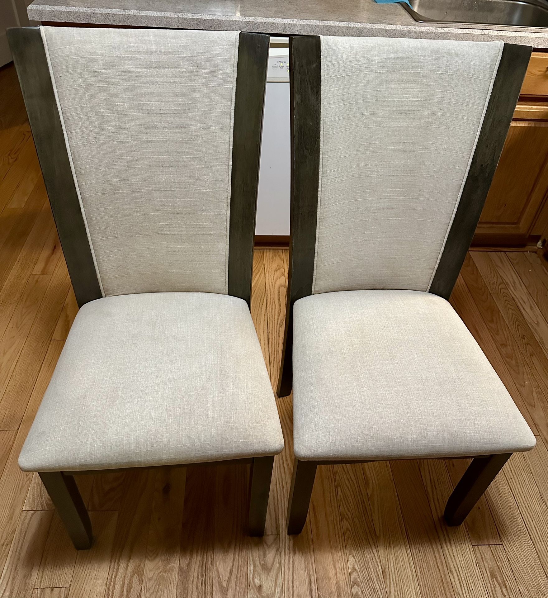 Set of 2 Upholstered High Back Dining Chairs – Beige Linen Fabric, Gray-Brown / Walnut Wood Frame – 40.5” 