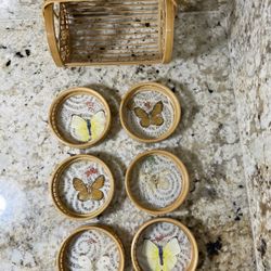 6 Vintage Butterfly-themed Rattan Pressed coaster set with caddy