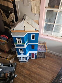 Large Blue Wooden Dollhouse Multi-Story