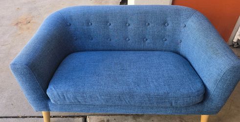 Blue Tufted Loveseat with Wood Legs