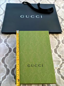 Gucci (empty) Box - 12.5" x 8" x 4.25" + Black/Silver PPR shopping Bag, White Dust Bag, Green Ribbon