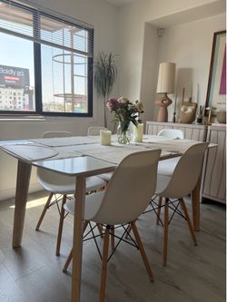 Scandinavian Dining Table + 5 Chairs – White & Wood Set