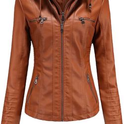 Women's Faux Leather Jacket W/ Detachable Hood