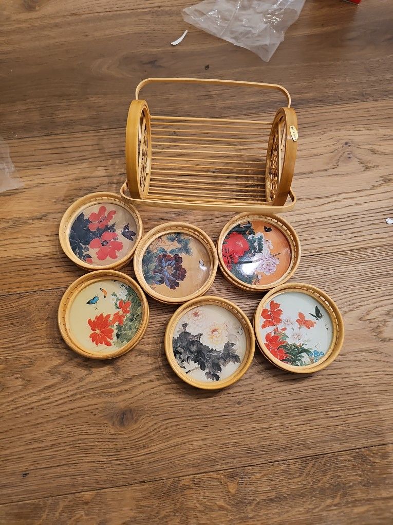 Vintage Bamboo Coaster Set of 6 with Caddy