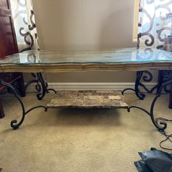 Rectangular Glass Top Coffee Table with Metal Frame and Stone Shelf