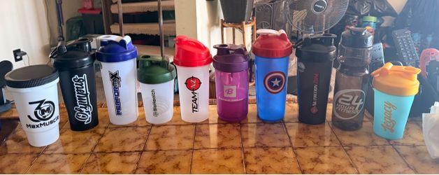Collection of 9 New protein shaker bottles and 1 New water bottle