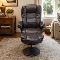Brown Leather Swivel Recliner Chair with Ottoman