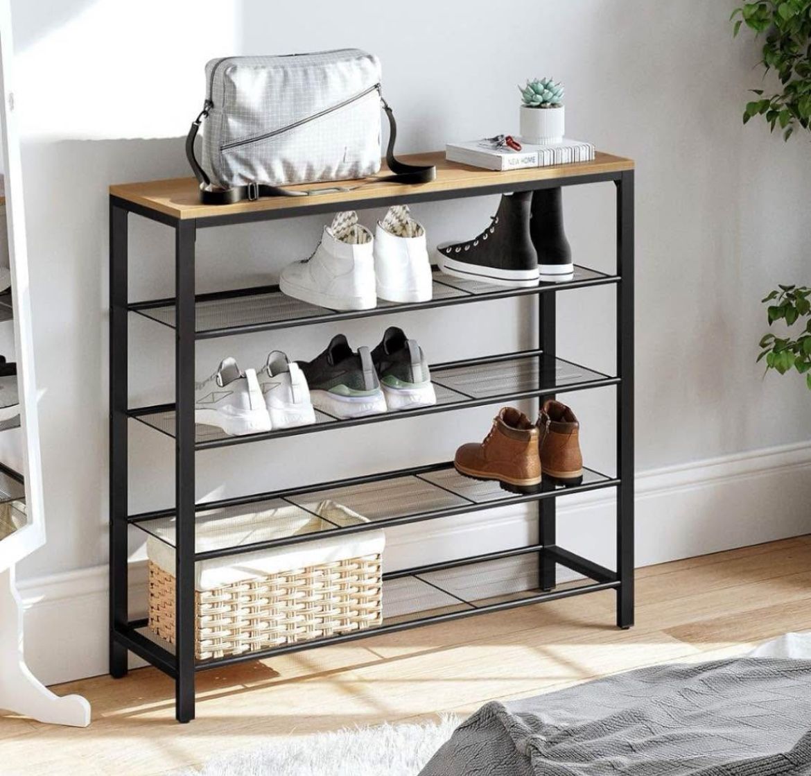 Shoe Rack, Organizer for Closet with 4 Mesh Shelves and Large Top for Bags, Entryway Hallway Shelf, Steel Frame, Industrial,