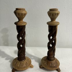 Two Hand Carved Wood Twisted Tapered Candle Holders 
