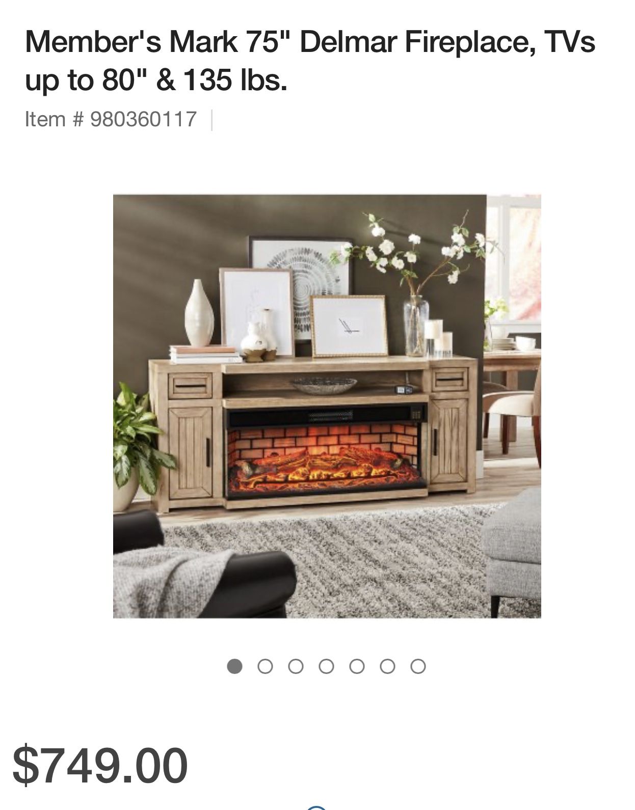 Member's Mark 75" Delmar Fireplace, TVs up to 80" & 135 lbs