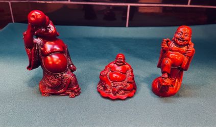 Vintage set of 3 red resin Laughing Buddha figurines