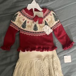 Christmas infant Girls 3 Piece TAHARI Outfit Size 12 Month Sweater Skirt Bow NWT