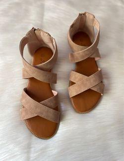 Tan Strappy Flat Sandals with Ankle Zip