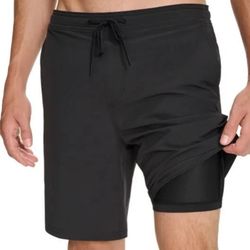 Men  Kirkland Signature Men's Swim Shorts-Black, Sz M Brand NWT