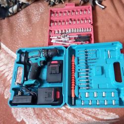 21v  cordless drill and 46 piece socket and screw driver set