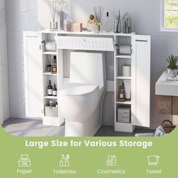 Over-The-Toilet Storage Cabinet - Freestanding Toilet Organizer with Doors, Adjustable Shelves & Toilet Paper Holders, Versatile Storage Rack Space Sa