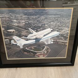 Space shuttle endeavor over Angel Stadium