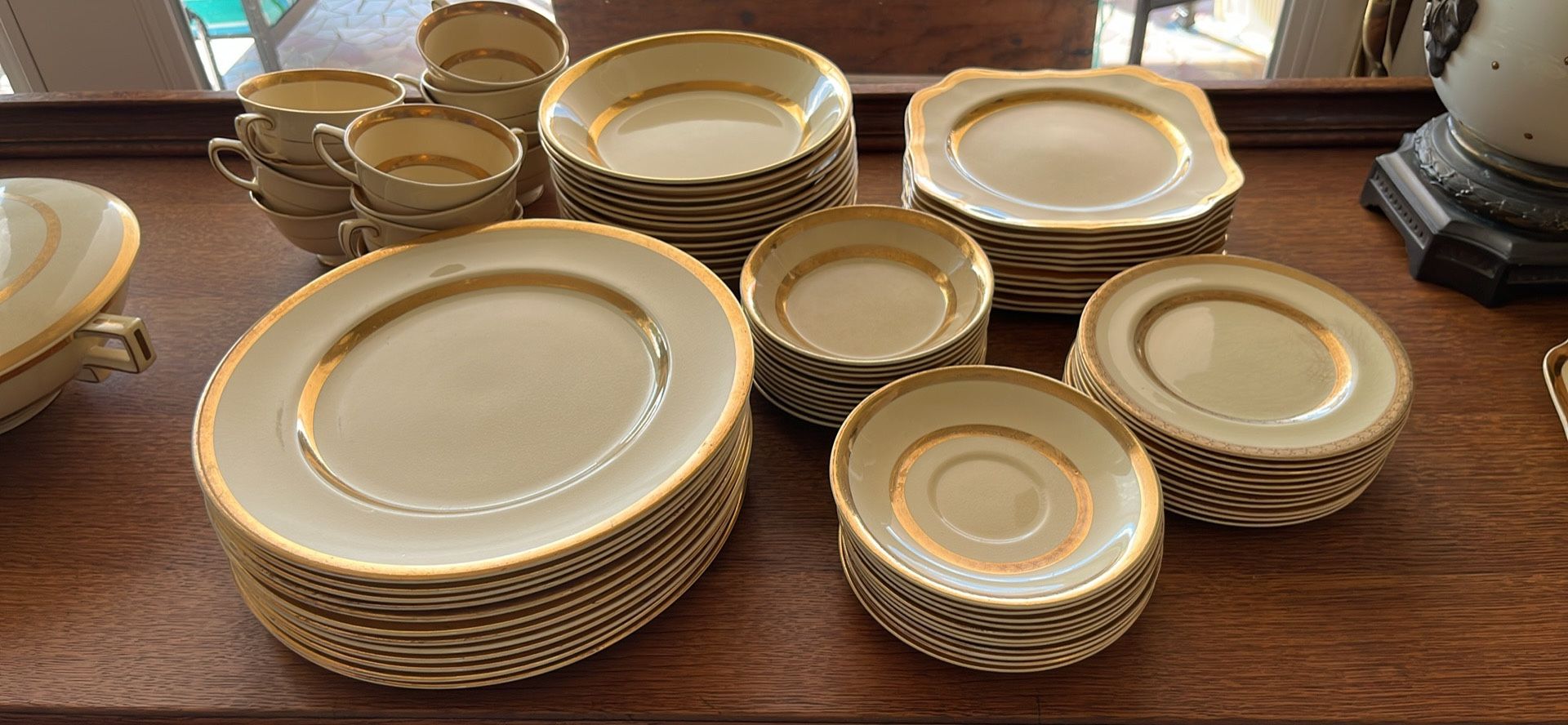 Johnson Brothers England - Antique Victorian Gold Rimmed Dinner Set And Serving Dishes