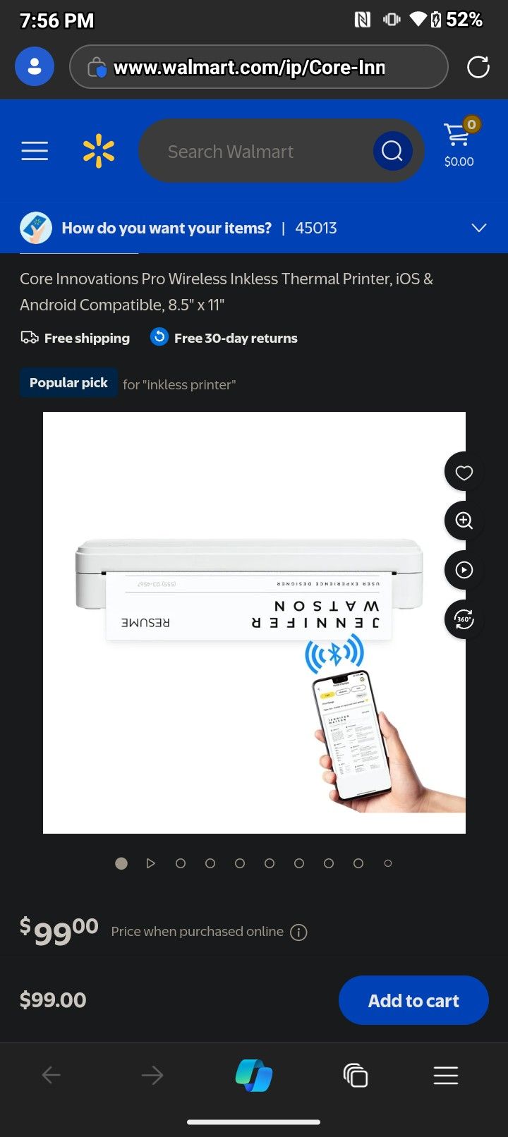 Inkless Wireless Thermal Bluetooth Printer Core Innovations New $30 Obo