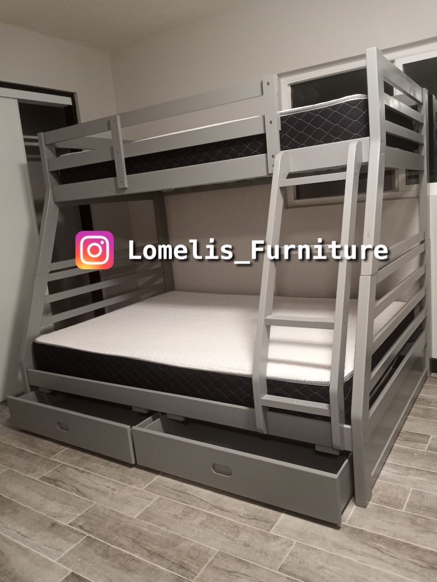 Twin/Full Gray Bunk bed w. Drawers & Ortho Mattresses Included 