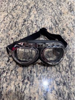 Vintage Motorcycle Aviator Goggles Chrome Black Retro Riding Glasses