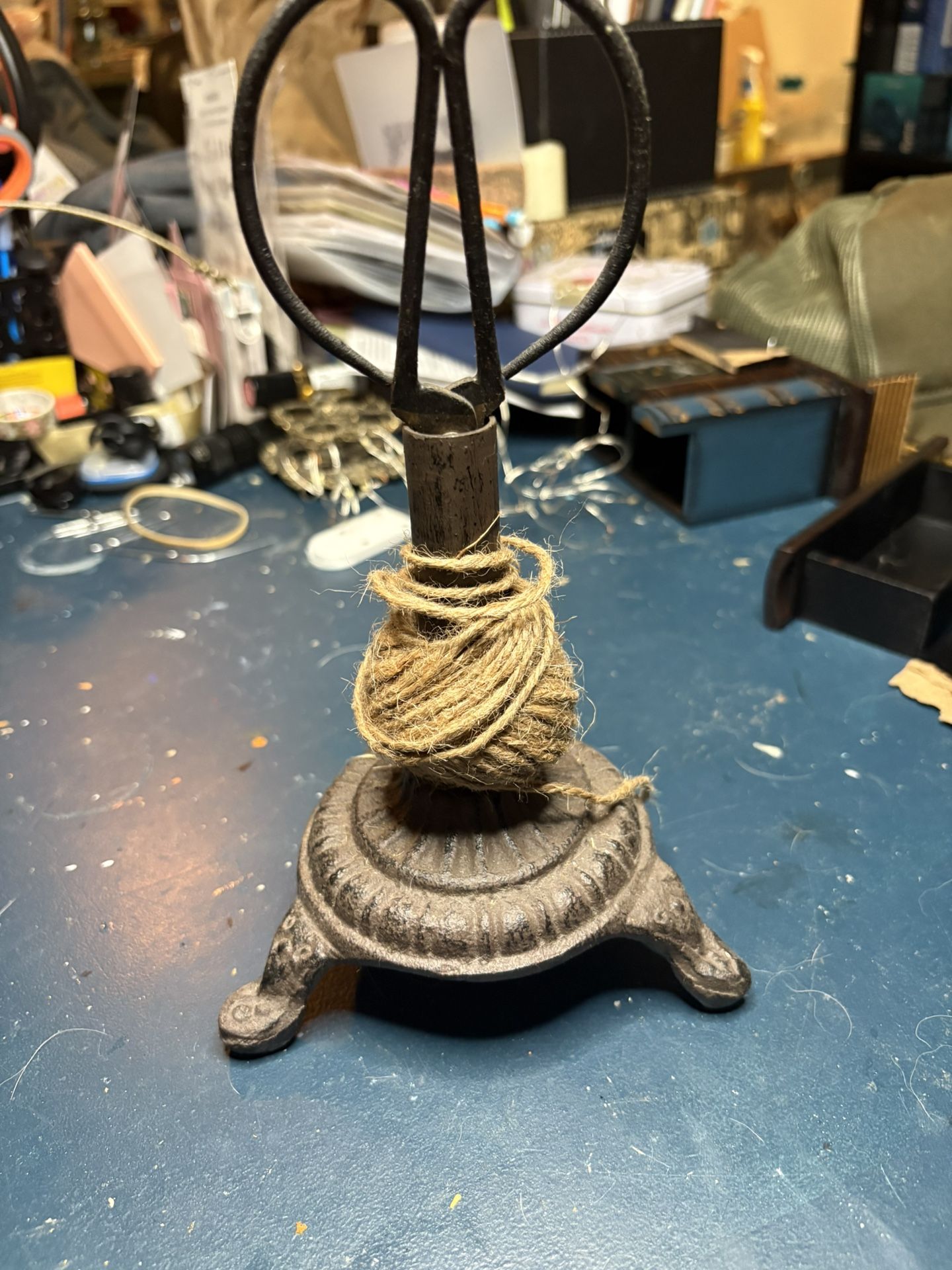 Antique Cast Iron Twine Holder With Cute Scissors - $75