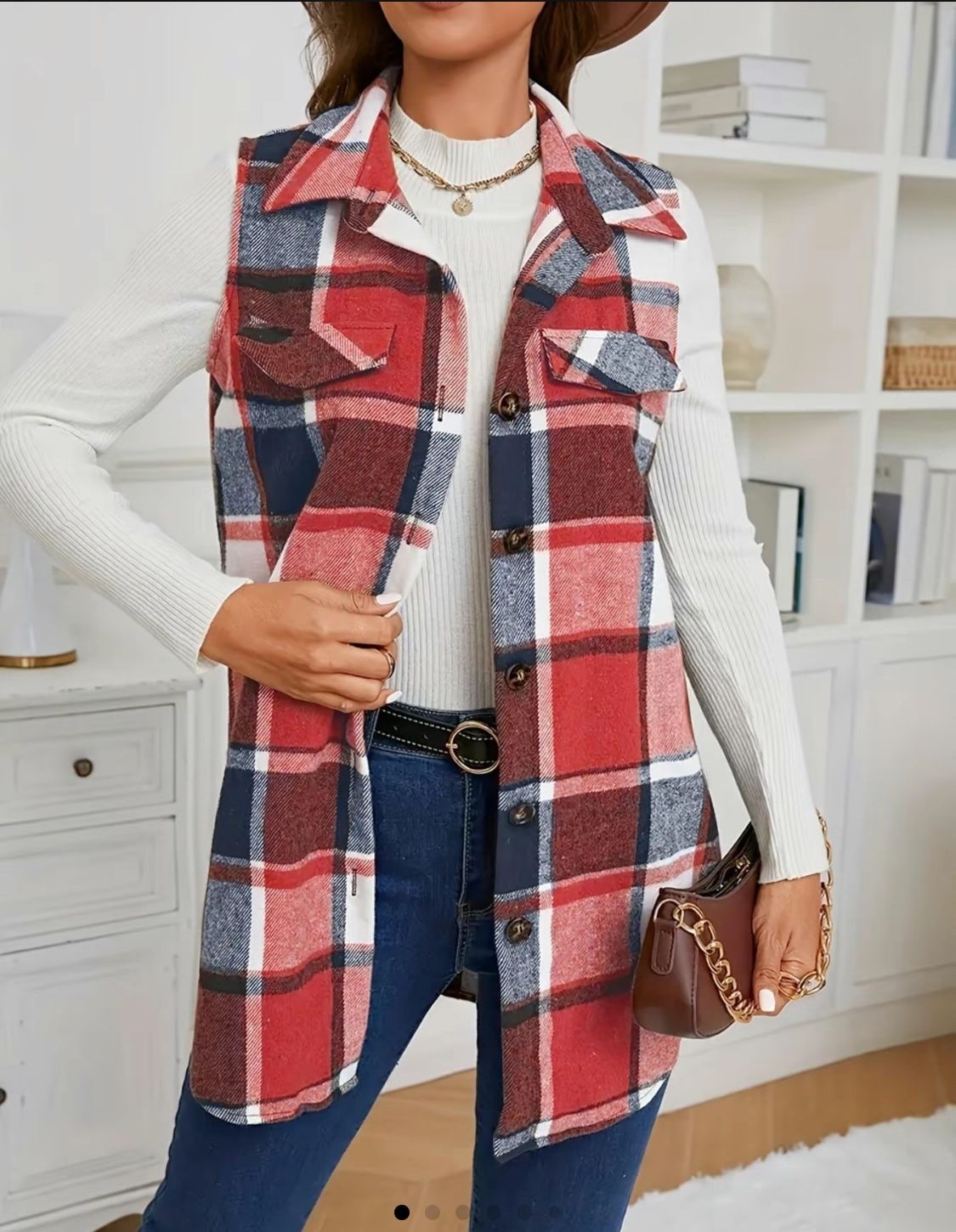 RED/BLACK PLAID PRINT BUTTON FROT VEST