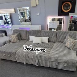✅️✅️3 pc Ash grey corduroy fabric sectional sofa with double storage chaise and pop up sleep area in center✅️✅️✅️