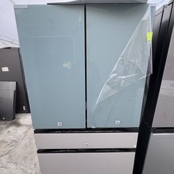 Samsung Bespoke 4 Door Refrigerator In Morning Blue And White Glass
