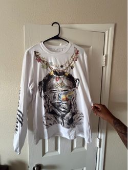 White long sleeve shirt with rapper/money design and beaded details #streetwear