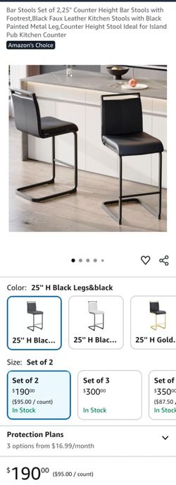 Bar Stools Set of 2,25" Counter Height Bar Stools with Footrest,Black Faux Leather Kitchen Stools with Black Painted Metal Leg,Counter Height Stool Id