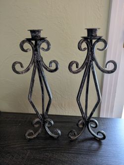 Set of 2 vintage scrollwork candle holders in distress black