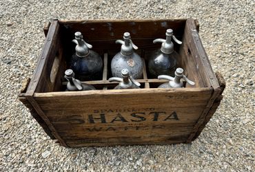 Six Vintage Shasta Seltzer Bottles with/vintage case