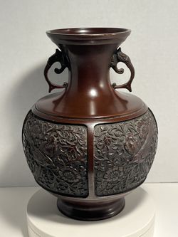 Antique Meiji Period Japanese Bronze Vase - Birds & Flowers High Relief 10.5"H