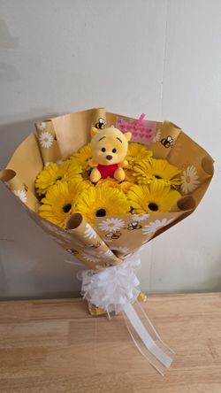 Yellow Gerbera Bouquet with Winnie the Pooh Plush