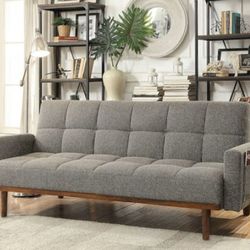 Brand New Gray Mid Century Modern Style Futon Sofa Sleeper 