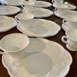 Eleven Vintage Milk Glass Colony Harvest Snack Plates and Cup Sets