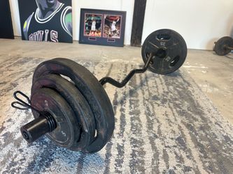 Olympic EZ Curl Bar + 80 lbs of Weight Plates – Complete Set