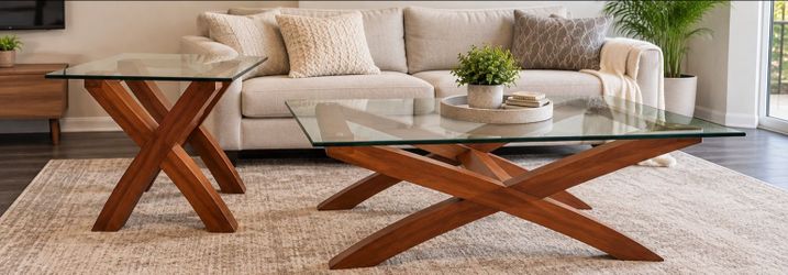 Two Glass Top Coffee Tables with Wood X-Base