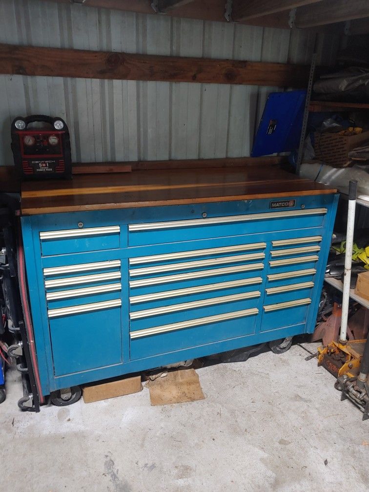 Matco Tool Box/ 64"x26". 2" Butcher Board Top.
