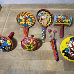 Antique Tin Circus Noise Makers Metal Toy Co Lot of 7