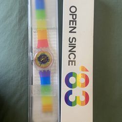 Open Since 83 Rainbow Swatch Watch 