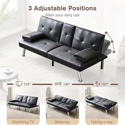 66“ Modern Futon Sofa Bed Couch: Linen Fabric,2 Cup Hodlers,Removable Armrests,Convertible Folding Loveseat Sleeper for Living Room Bedr
