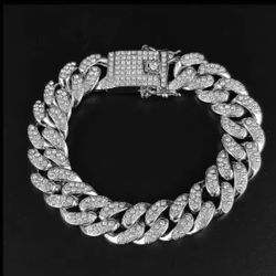 Pulsera de cadena cubana de piedra de cristal para hombre, cadena de eslabones de Metal de Color plateado, cierre de diamantes de imitación, estilo Hi