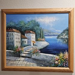 Vintage Original Oil Painting Seaside Villa Framed