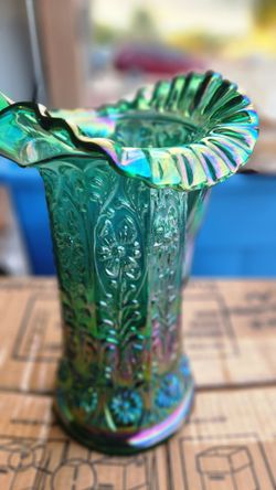 Fenton Green Iridescent Carnival Glass Vase
