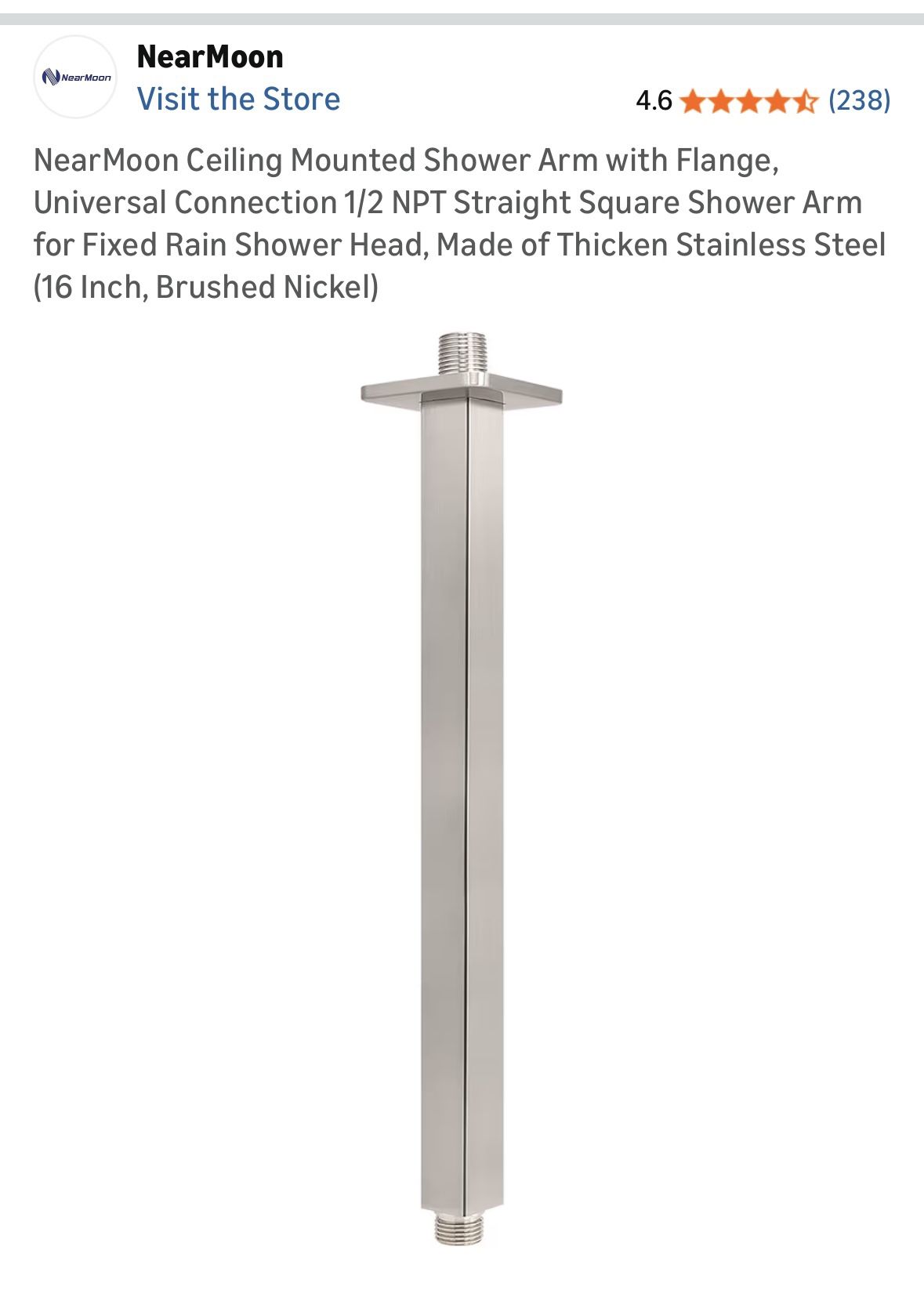 Ceiling Mounted Shower Arm with Flange, Universal Connection 1/2 NPT Straight Square Shower Arm for Fixed Rain Shower Head, Made of Thicken S