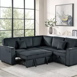 Brand New Black Corduroy Sectional Sofa Storage Sleeper