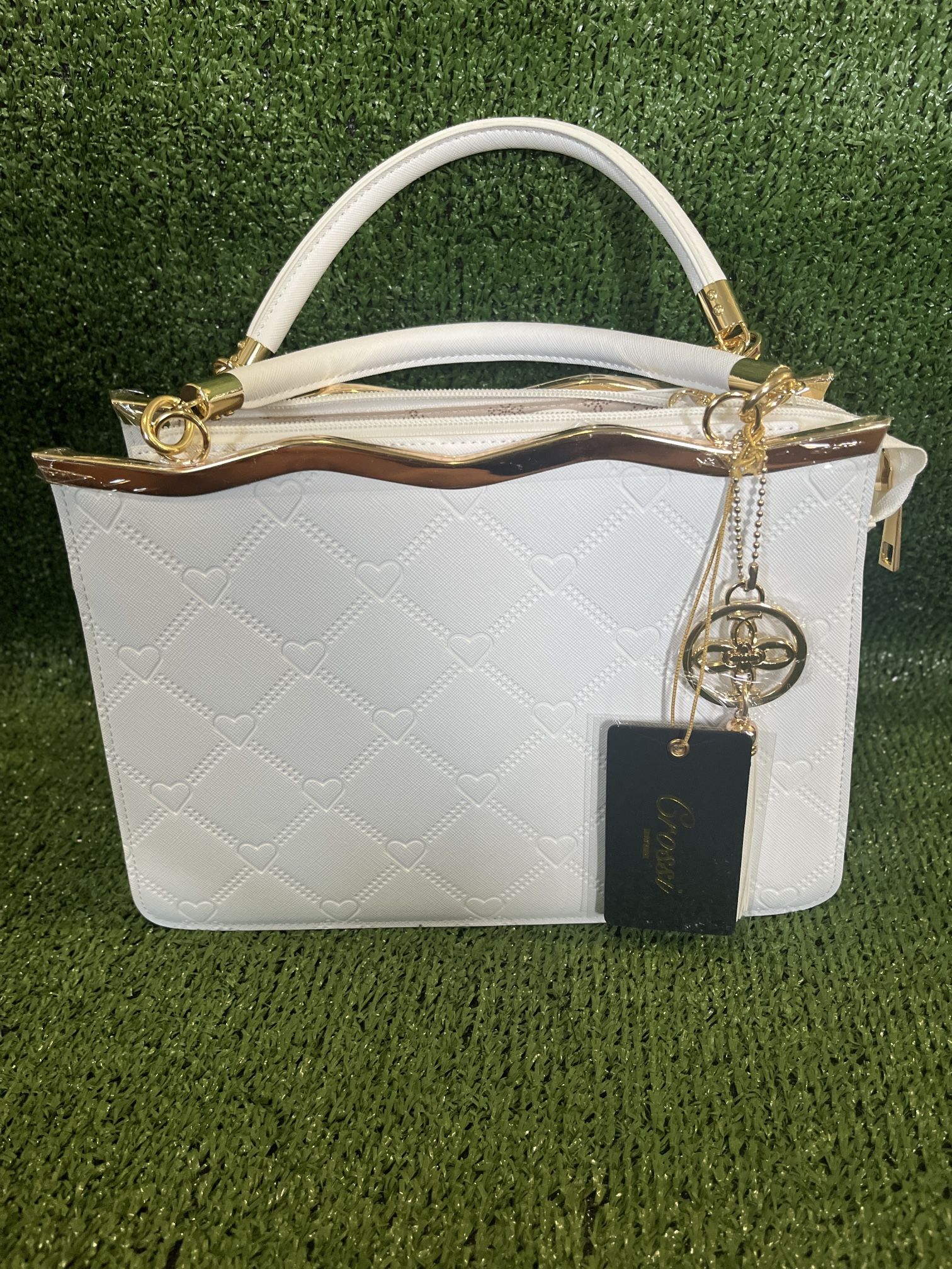 White Leather NWT Crossi Medium Faux Double Handle Handbag with Gold Accents