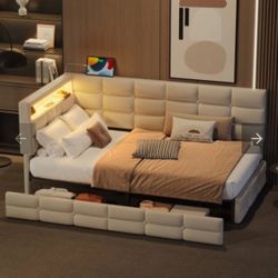 Upholstered Twin Size Daybed with Storage 2 Drawers and Charging Station, Day Bed Frame with LED ‼️